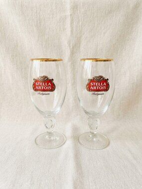 Stella Artois Gold Trim Chalice Beer Glasses 40 cl Stemmed Goblet Set of 2